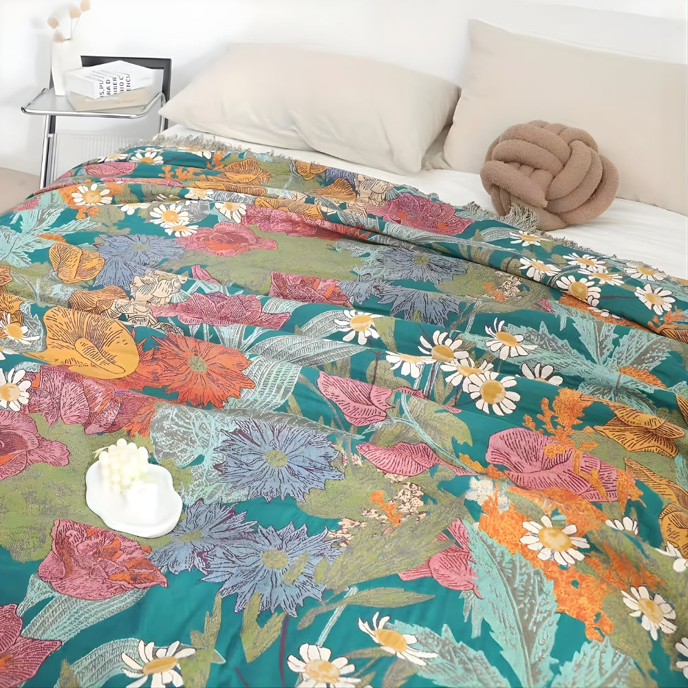 Bohemian Floral Patchwork Tassel Cotton Blanket