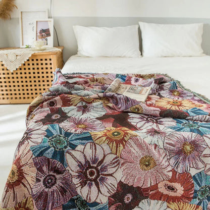 Vintage Flora Woven Tasseled Cotton Blanket