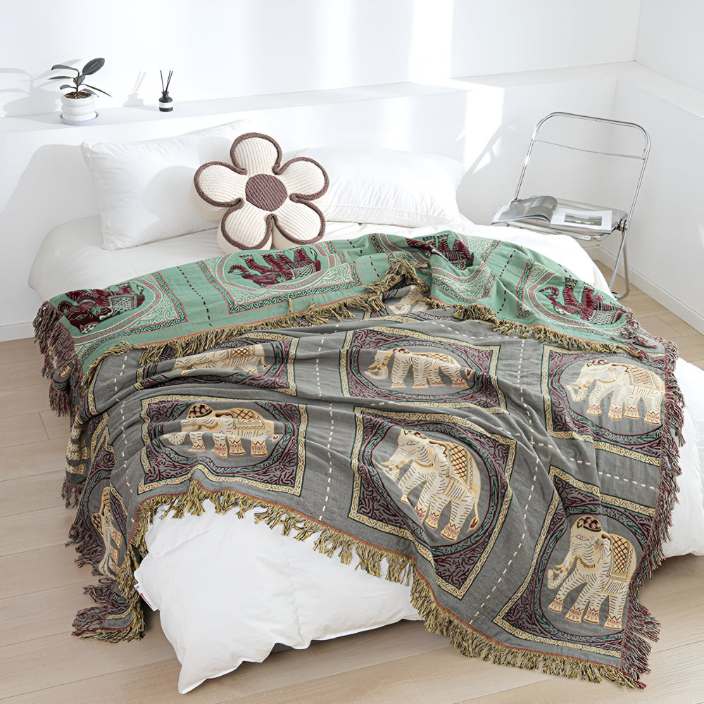 Bohemian Elephant Print Tassel Cotton Blanket