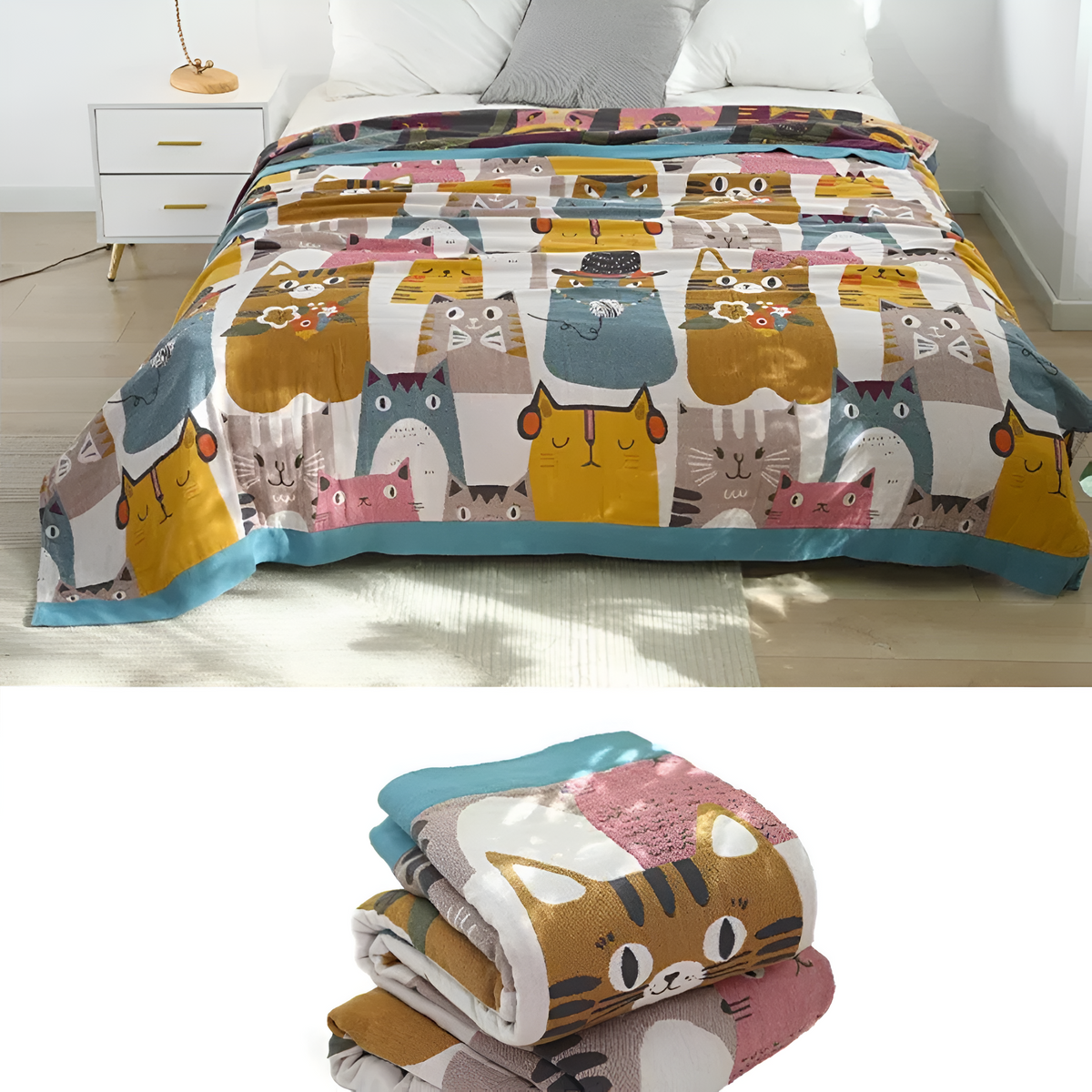 Whimsical Cat-Themed Reversible Cotton Blanket