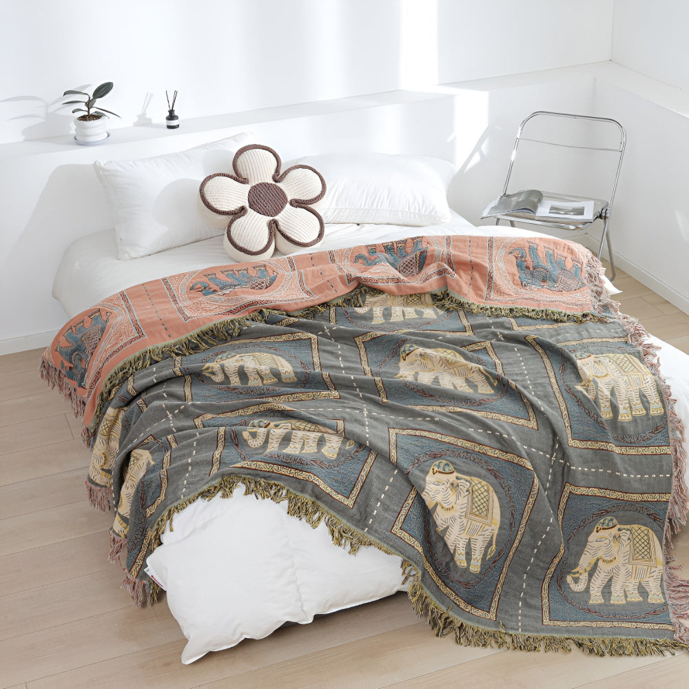 Bohemian Elephant Print Tassel Cotton Blanket