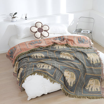 Bohemian Elephant Print Tassel Cotton Blanket