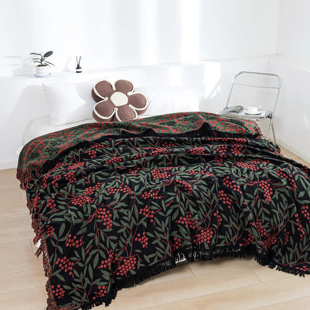 Vibrant Begonia Fruit Tassel Cotton Blanket