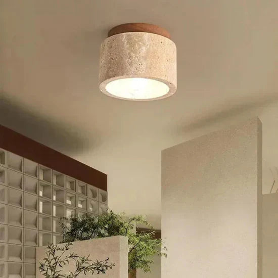 Radia Cylindrical Travertine Ceiling Lamp with Wooden Accent