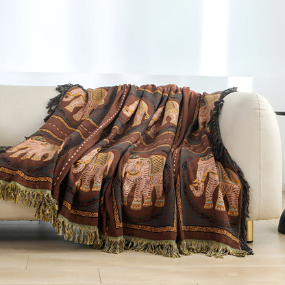 Bohemian Elephant Print Tassel Cotton Blanket