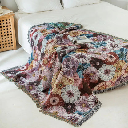 Vintage Flora Woven Tasseled Cotton Blanket