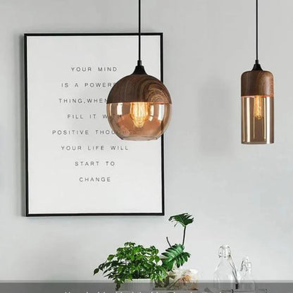 Viresta Scandinavian Pendant Lamp in Wood and Tinted Glass