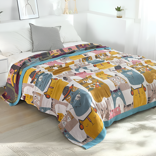 Whimsical Cat-Themed Reversible Cotton Blanket