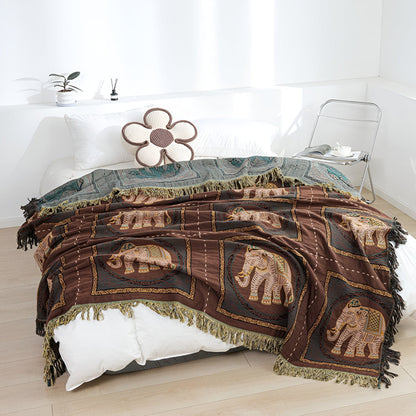 Bohemian Elephant Print Tassel Cotton Blanket