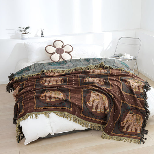 Bohemian Elephant Print Tassel Cotton Blanket