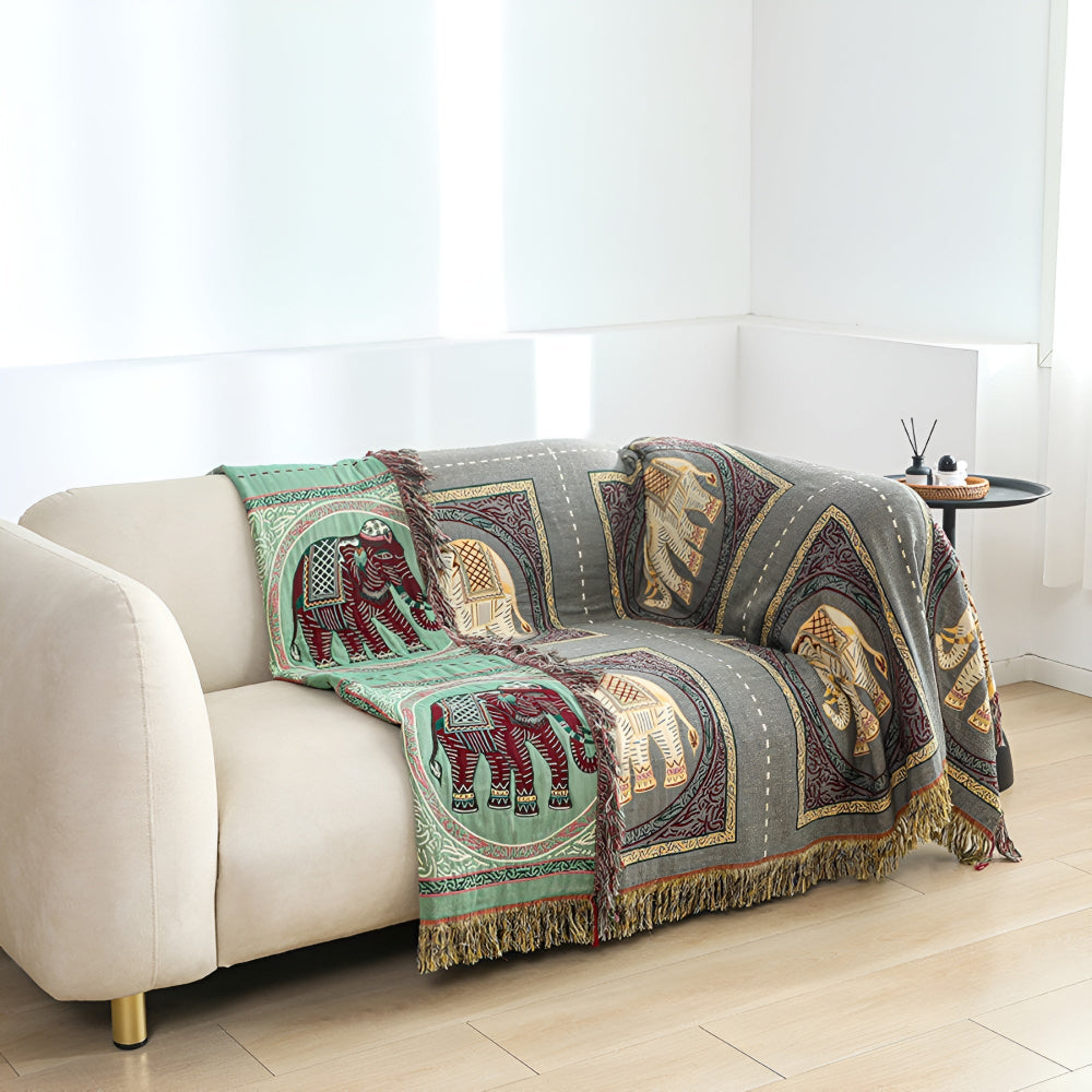 Bohemian Elephant Print Tassel Cotton Blanket