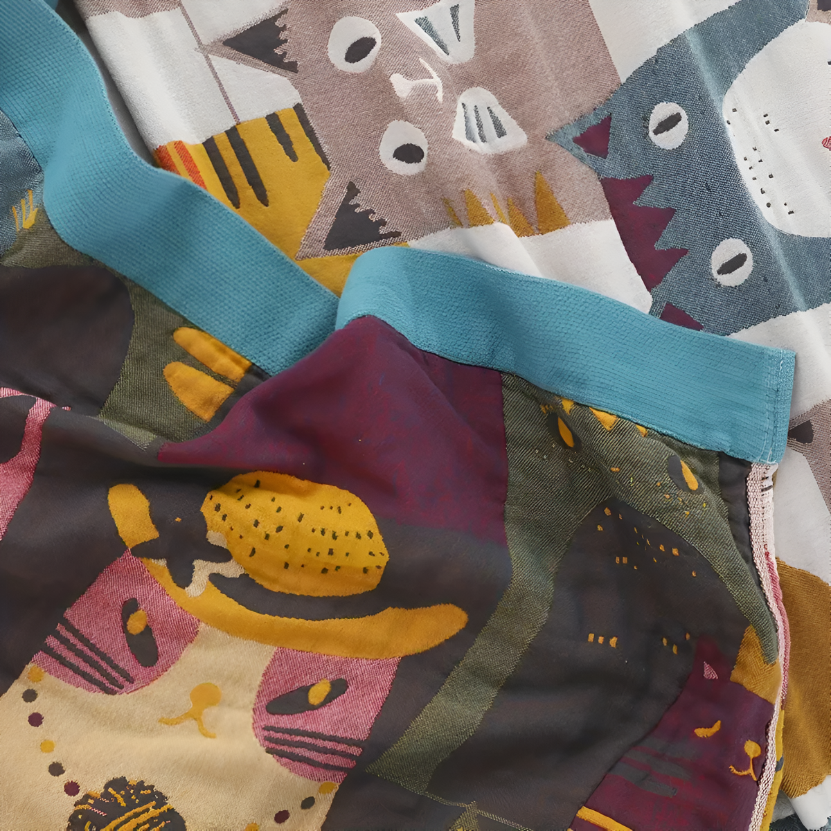 Whimsical Cat-Themed Reversible Cotton Blanket