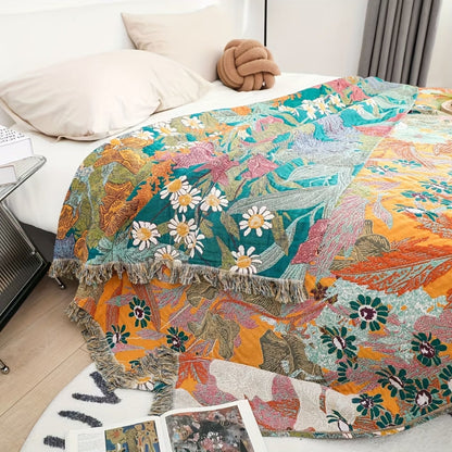 Bohemian Floral Patchwork Tassel Cotton Blanket