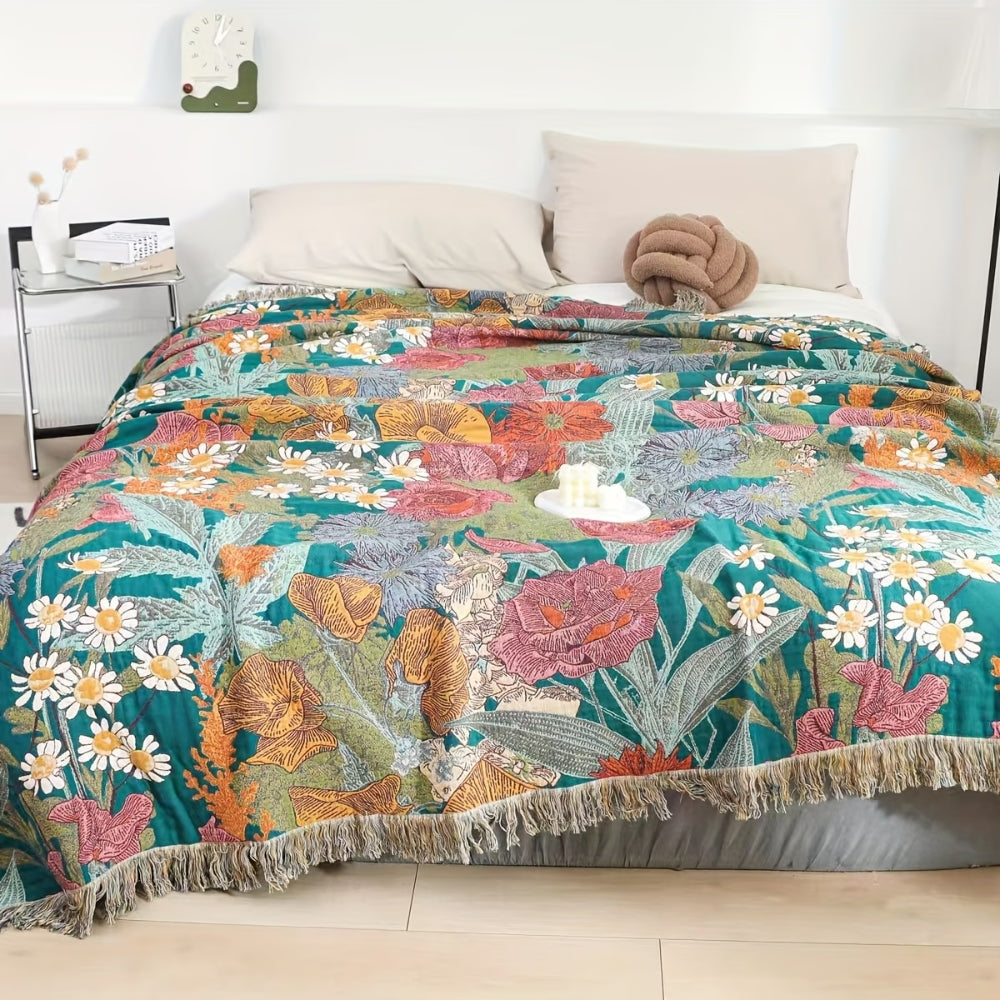 Bohemian Floral Patchwork Tassel Cotton Blanket