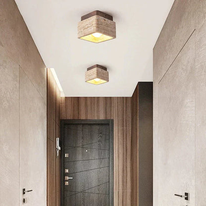 Delona Square Travertine & Wood LED Ceiling Lamp