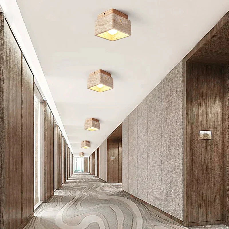 Delona Square Travertine & Wood LED Ceiling Lamp