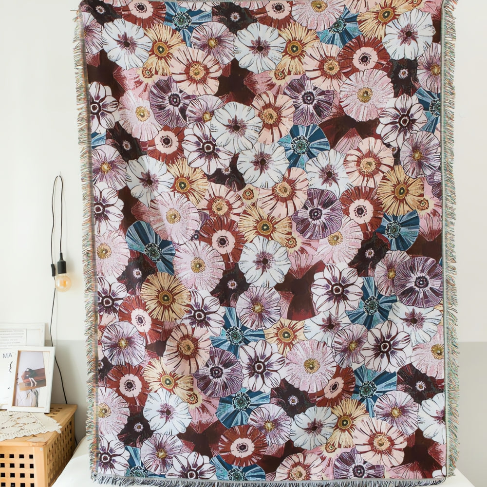 Vintage Flora Woven Tasseled Cotton Blanket