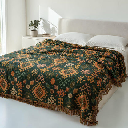 Tribal-Inspired Soft Geometric Fringe Cotton Blanket