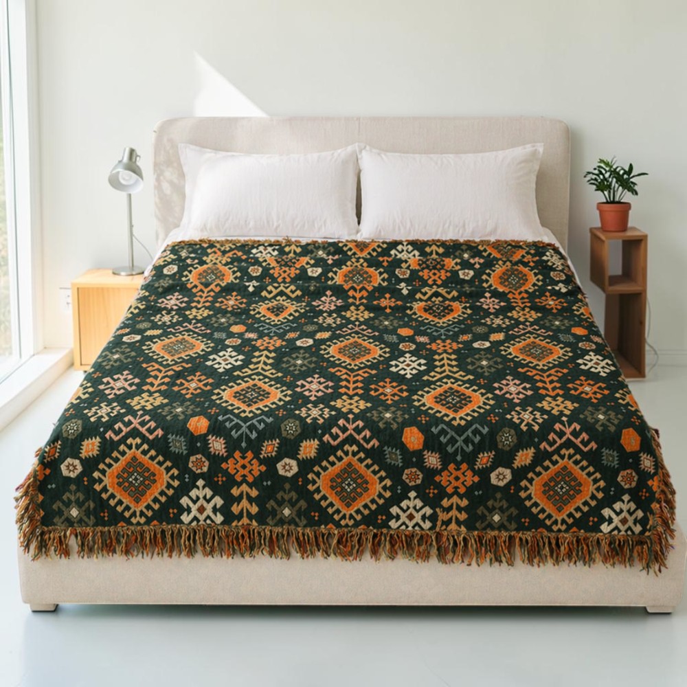 Tribal-Inspired Soft Geometric Fringe Cotton Blanket