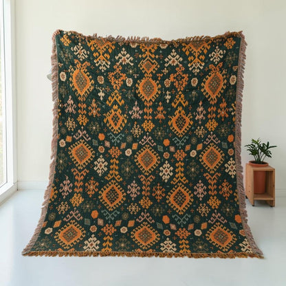 Tribal-Inspired Soft Geometric Fringe Cotton Blanket