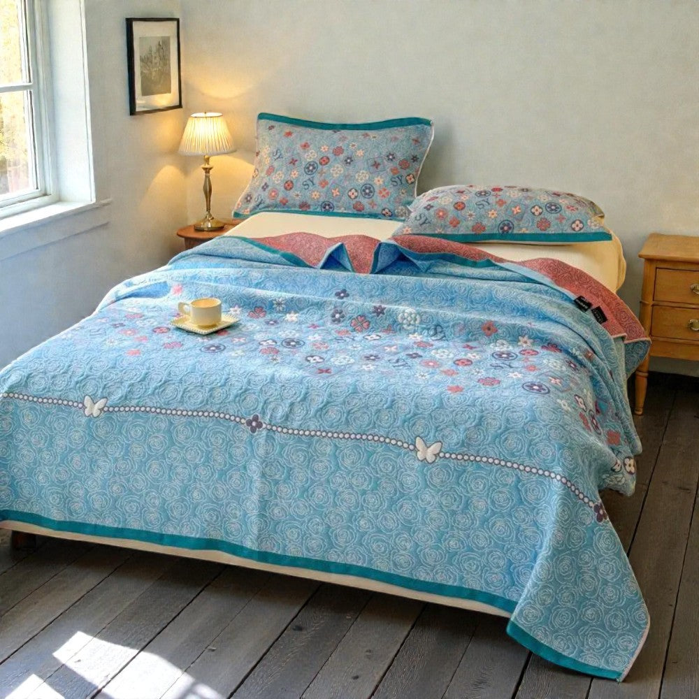 Turquoise Floral Glam Cotton Gauze Blanket