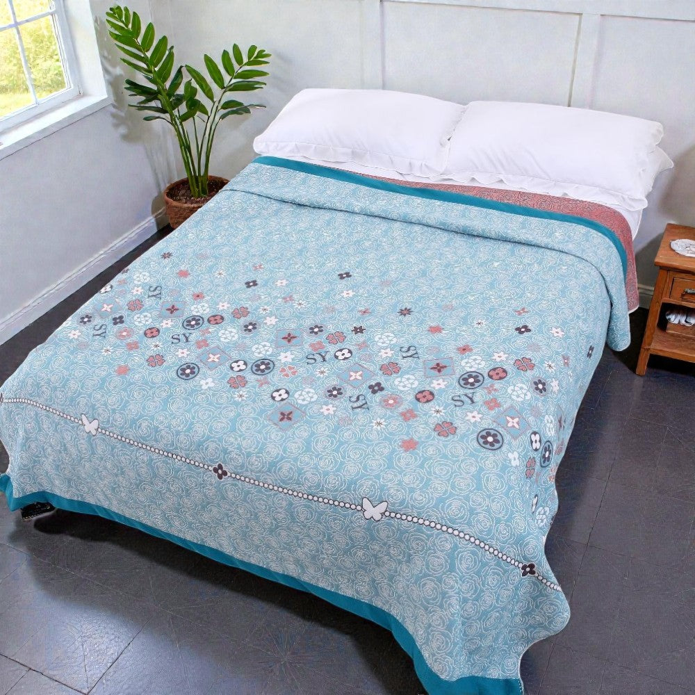 Turquoise Floral Glam Cotton Gauze Blanket