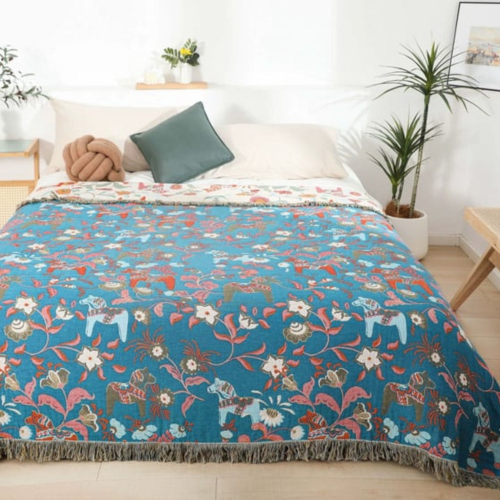 Vibrant Floral Garden Tassel Trim Cotton Blanket