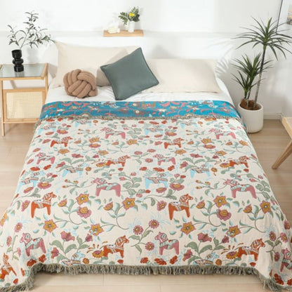 Vibrant Floral Garden Tassel Trim Cotton Blanket