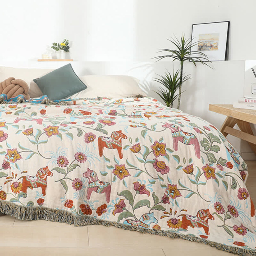 Vibrant Floral Garden Tassel Trim Cotton Blanket