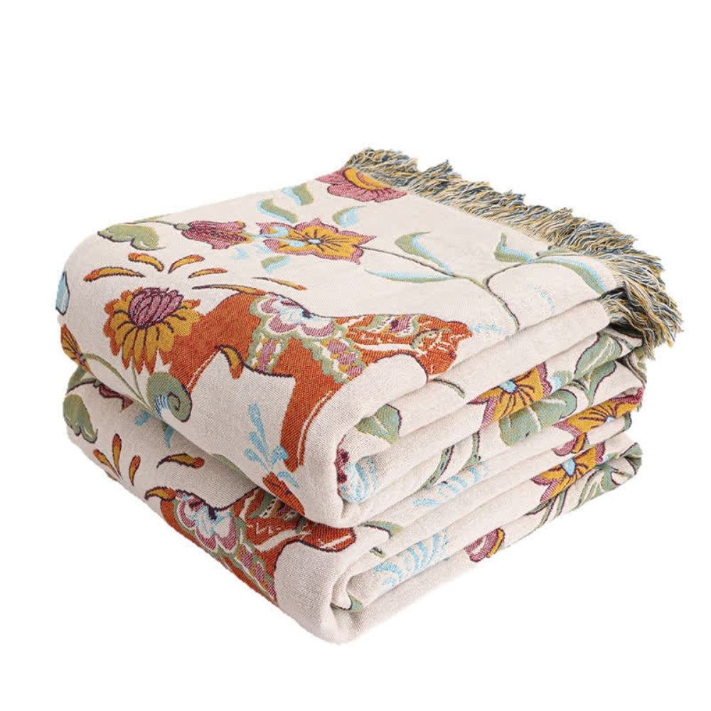 Vibrant Floral Garden Tassel Trim Cotton Blanket